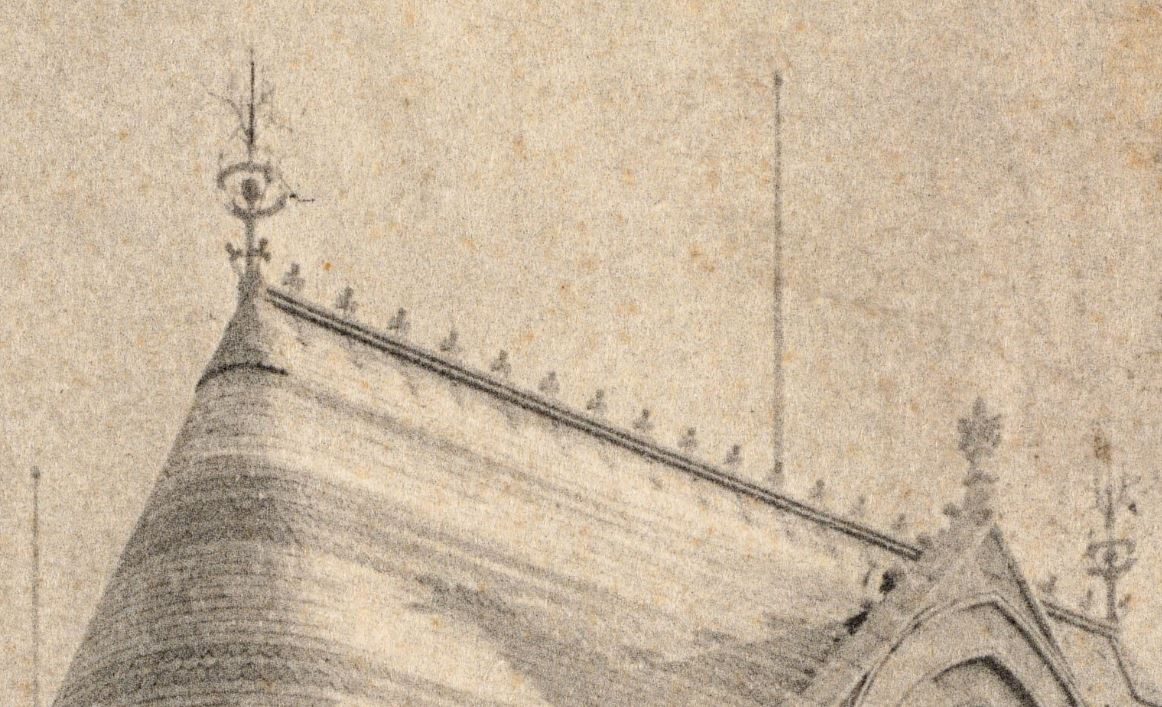 A period architectural engraving showing a Victorian conical roof with ridge cresting of small spikes, an ornamental finial bearing an eye and orb motif, and three separate tall thin unadorned vertical rods rising from the rooflines.